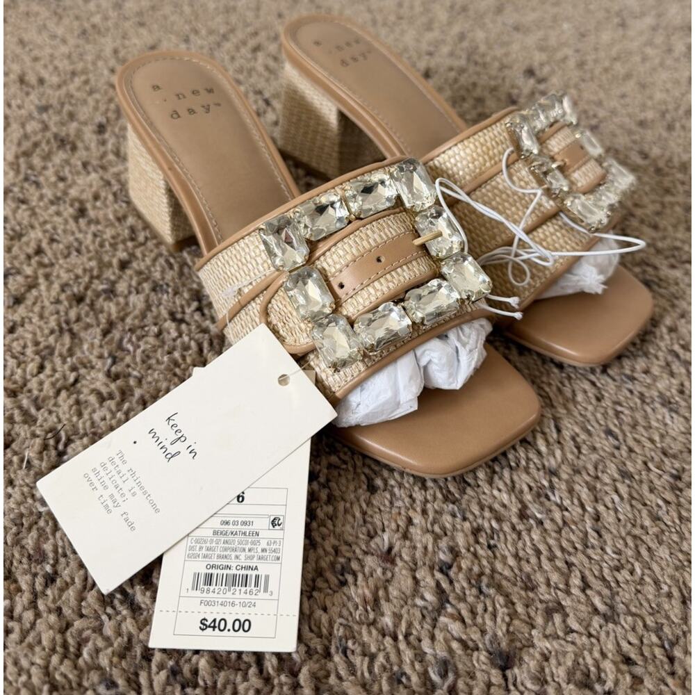 A New Day Rhinestone Buckle Block Heel 6 Slide Sandals Beige Women’s - Picture 2 of 8